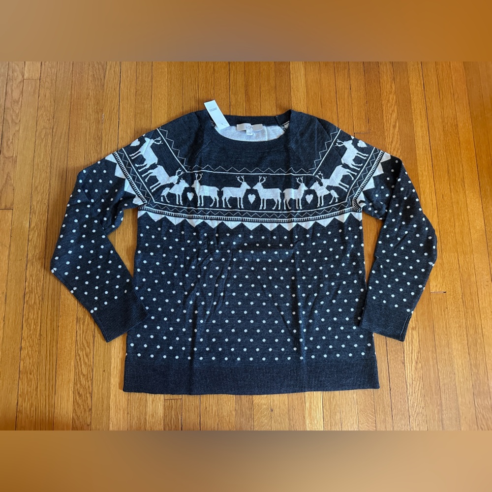 LOFT Grey Reindeer & Polka Dot Wool Blend Fair isle Sweater, Sx XL, NWT